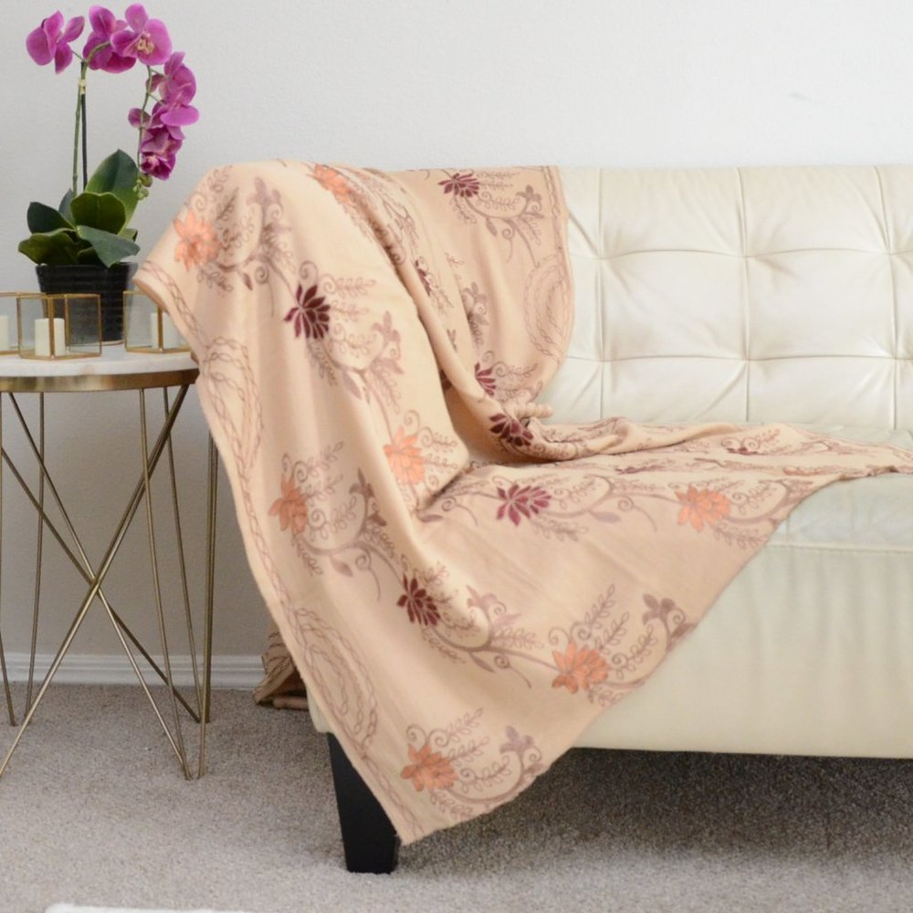 NEW Shawl/Stole, Indian Pashmina Wool, Beige, Embroidered Flower & Vine, 88x38